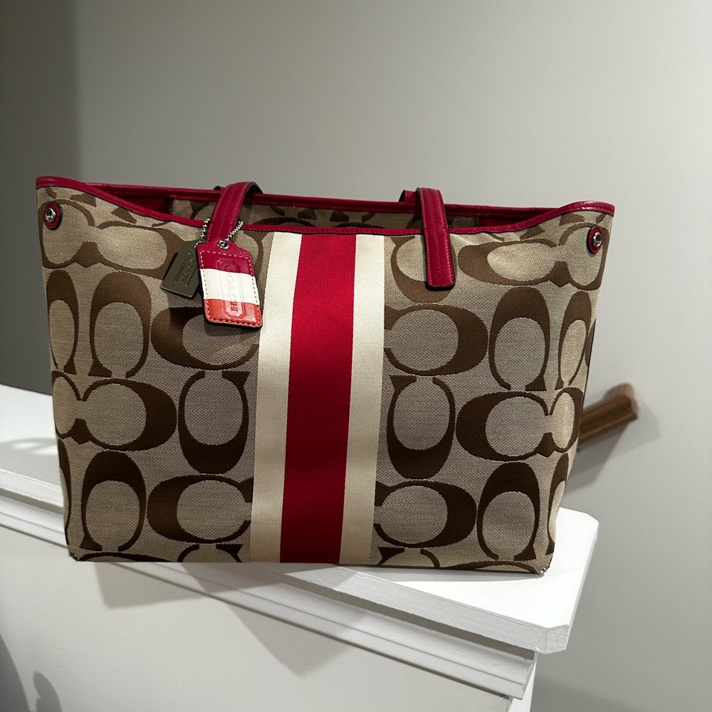 Coach Signature Canvas Tote - Brown and Red